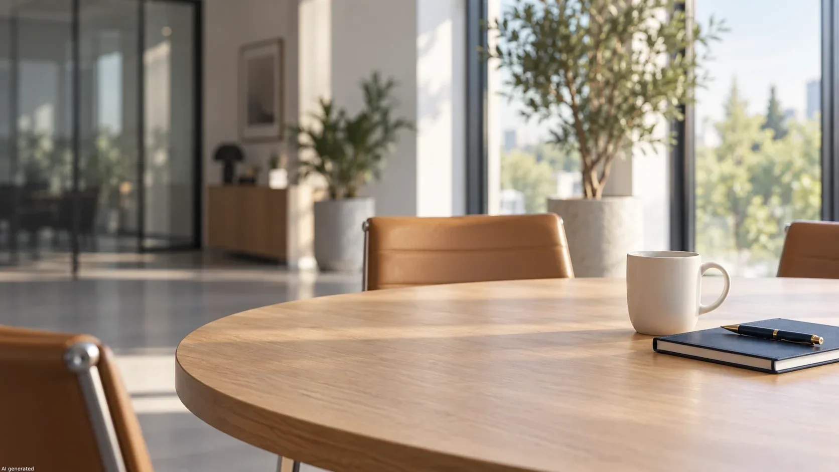 Una sala de reuniones luminosa con mesa, taza y cuaderno.