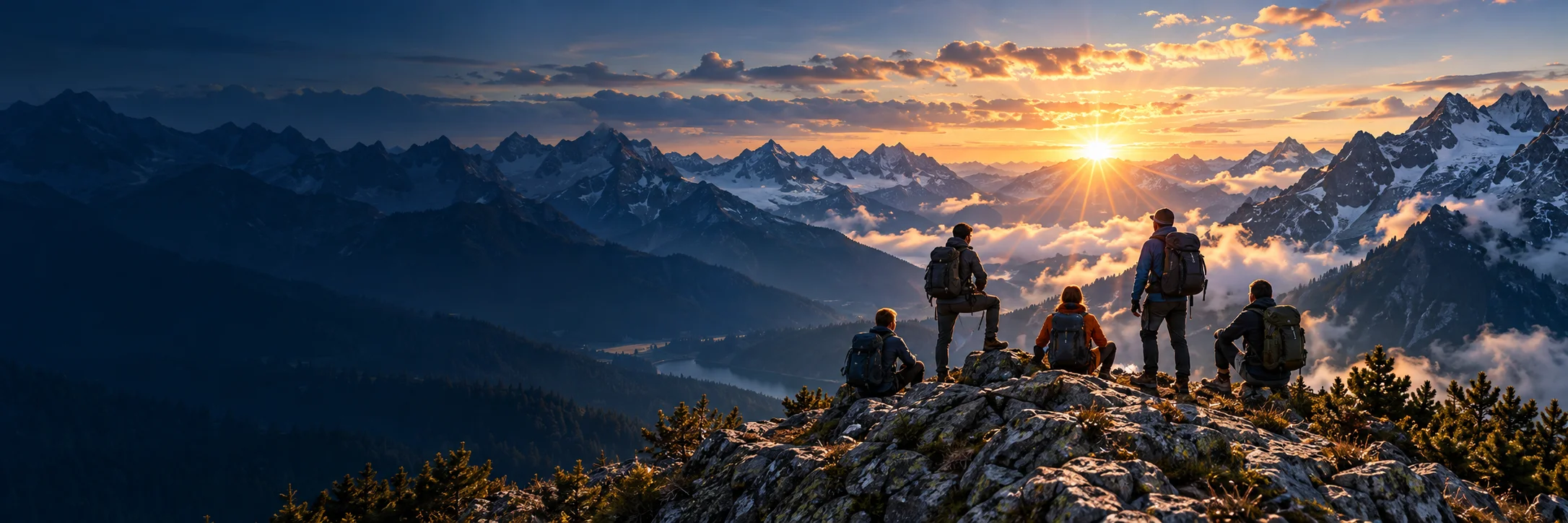 Ein Team blickt vom Berggipfel gemeinsam in den Sonnenaufgang.