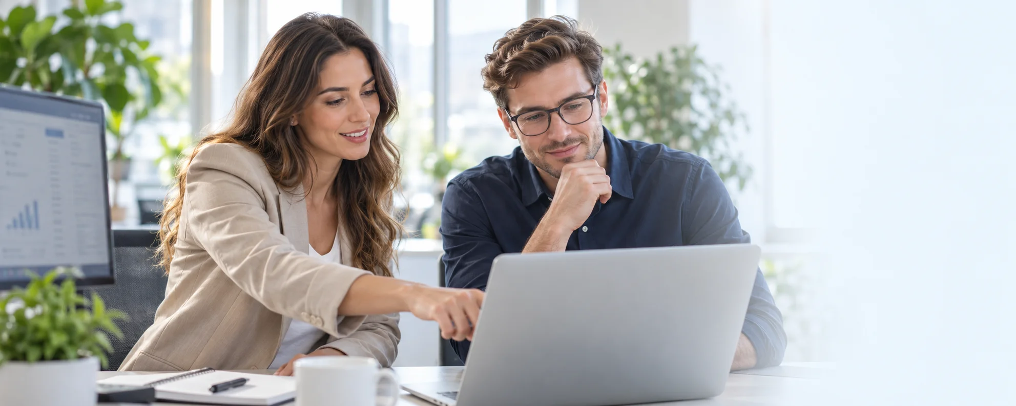 Two people planning a system connection together on a laptop