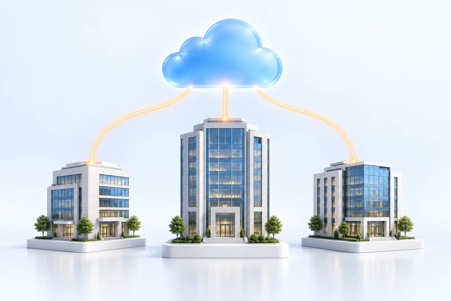 Tres empresas están conectadas a una nube compartida.