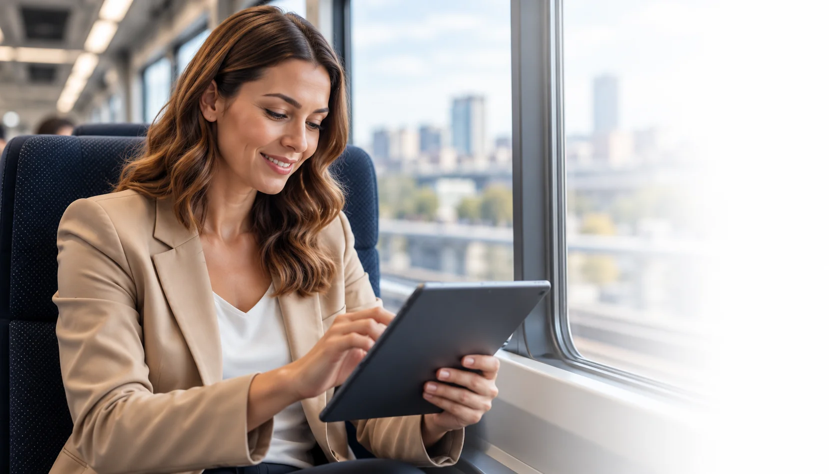 Woman working on a tablet while travelling by train