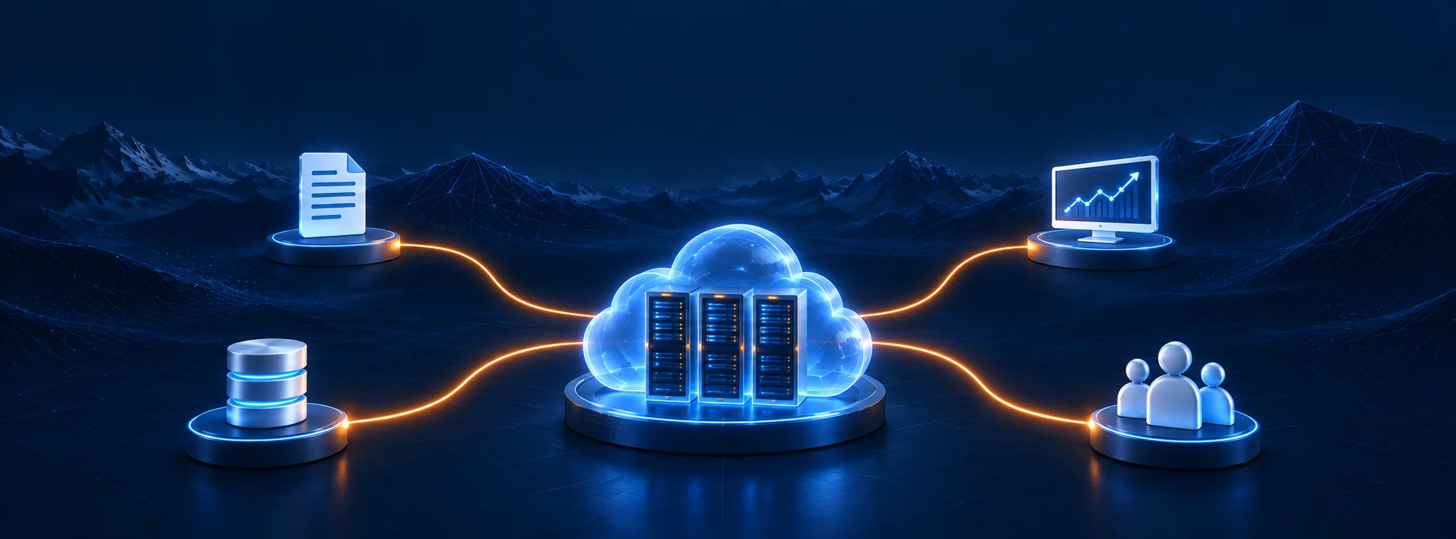 Servidores cloud conectan el tenant ECM, la base de datos, la monitorización y el portal de clientes con líneas naranjas.