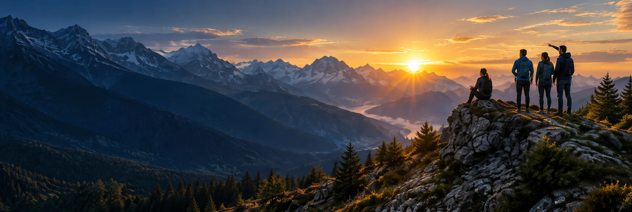 Cuatro personas contemplan juntas los Alpes.