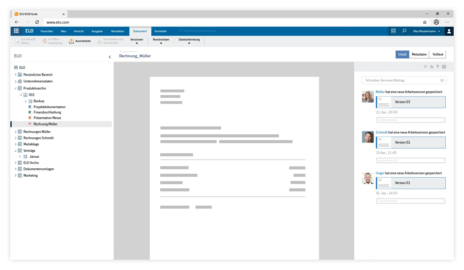 ELO Web Client mit Dokumentenablage, Rechnungsvorschau und Aktivitäten