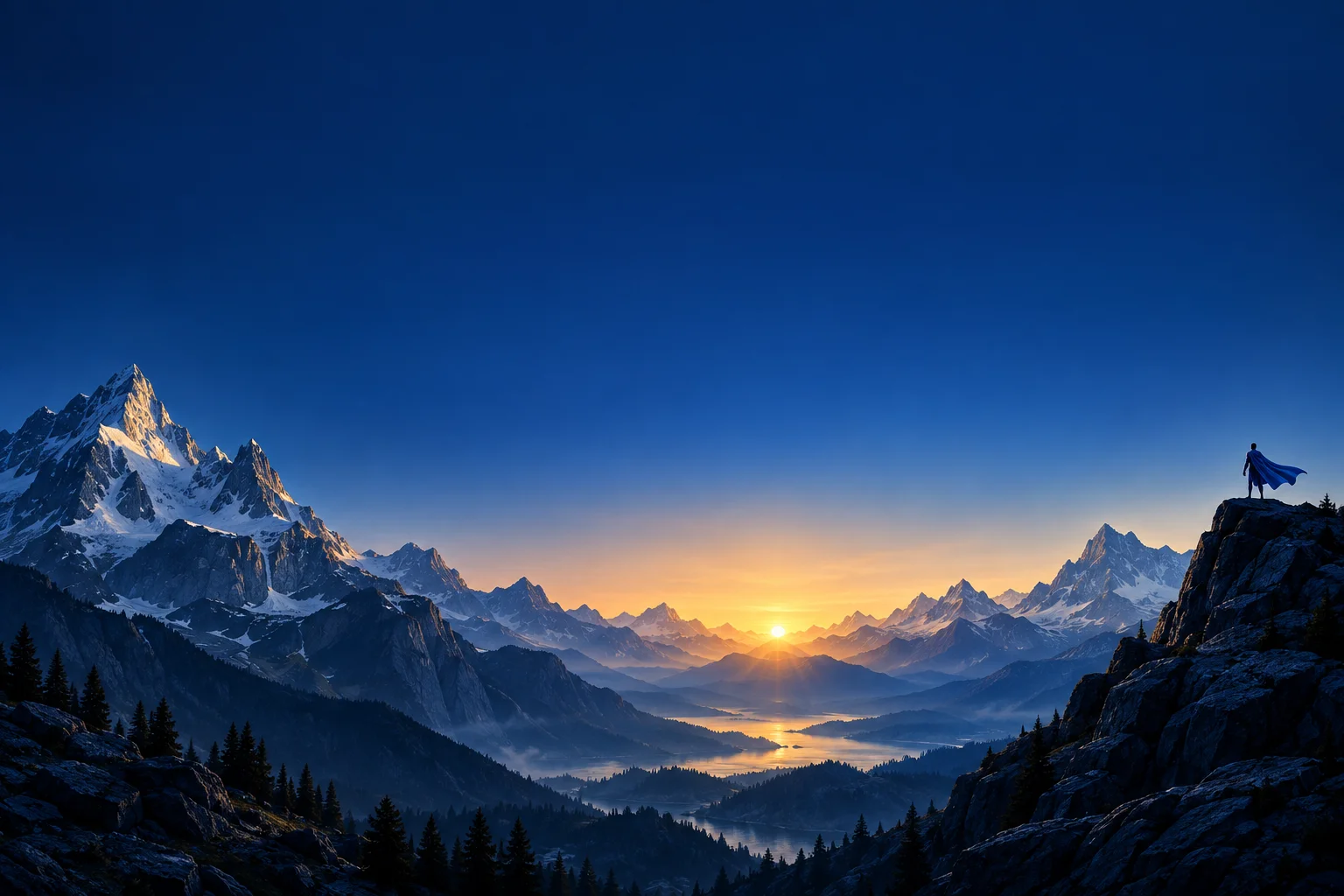 Berglandschaft im Morgenlicht mit einer Heldenfigur auf dem Gipfel.