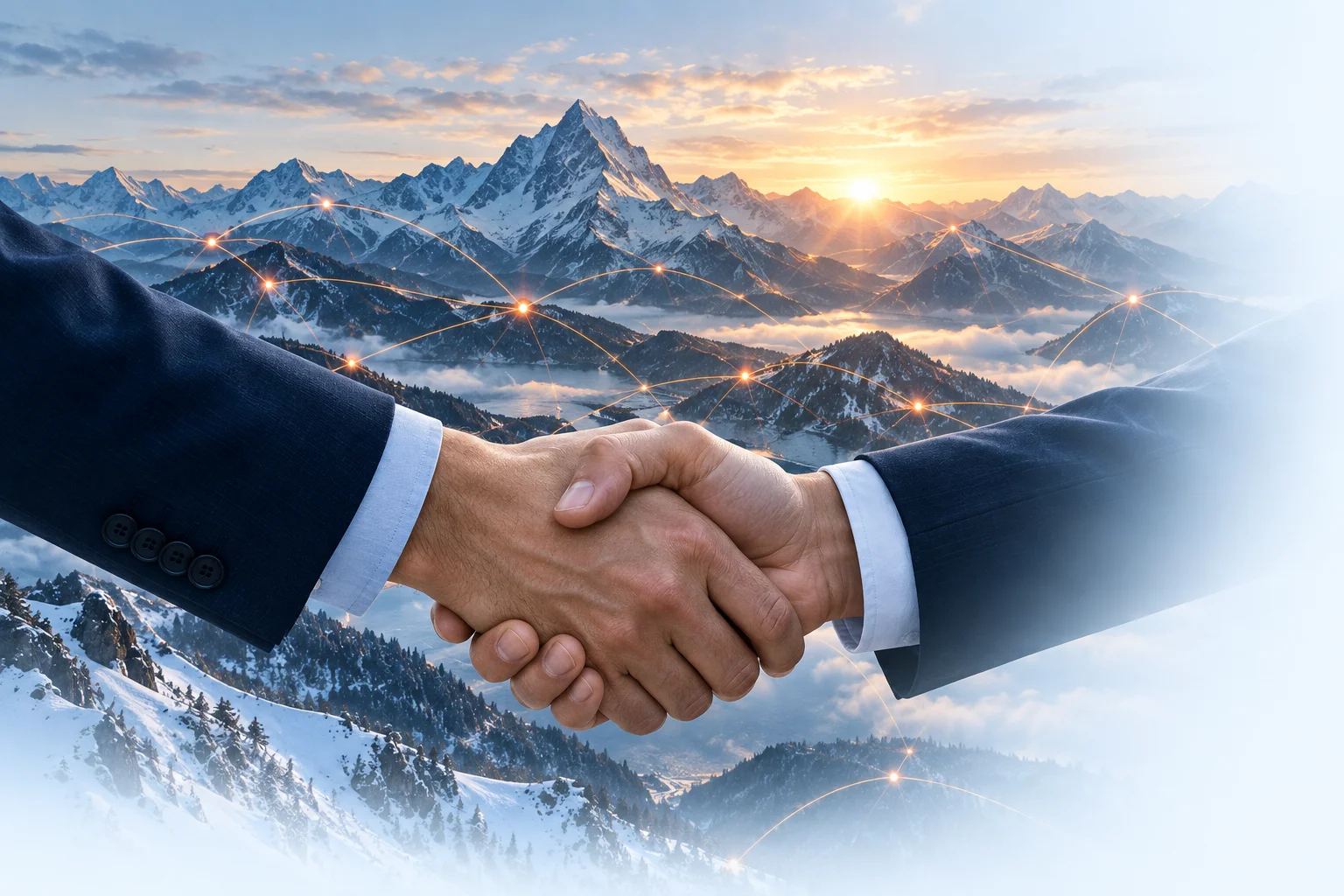 Handschlag vor einer vernetzten Berglandschaft.