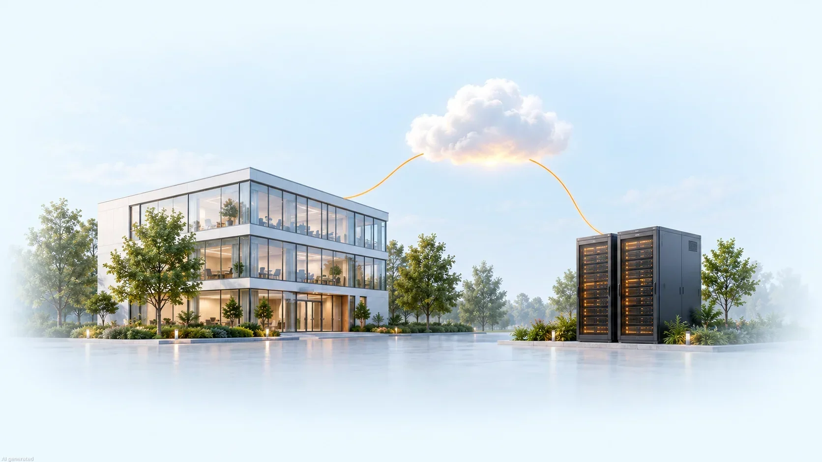 Illustrazione di un ambiente operativo con edificio aziendale e server.