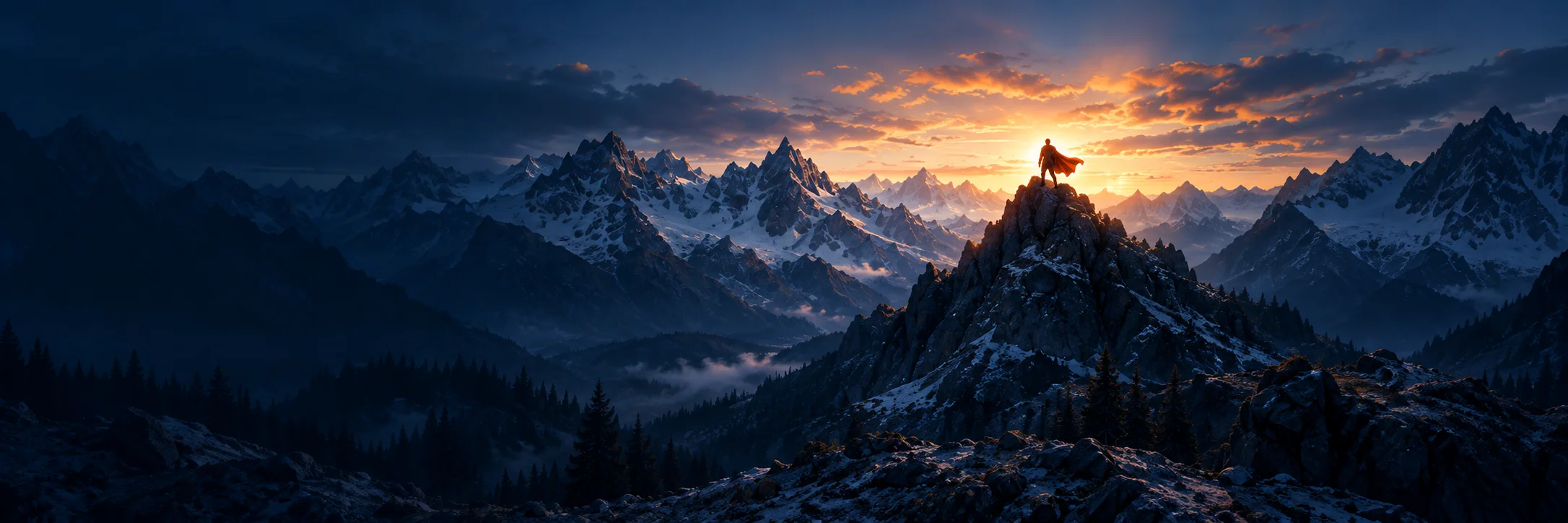 Berglandschaft im Morgenlicht mit einer Heldenfigur auf dem Gipfel.