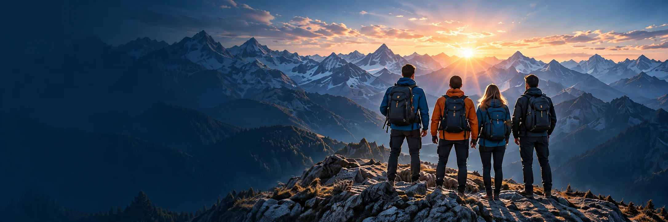 Un equipo simbólico de cuatro senderistas contempla los Alpes.