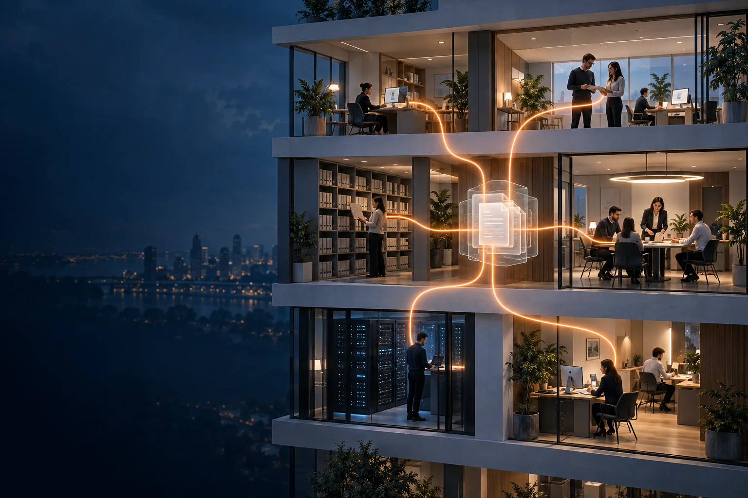 Vista conceptual de una empresa con espacios de trabajo conectados