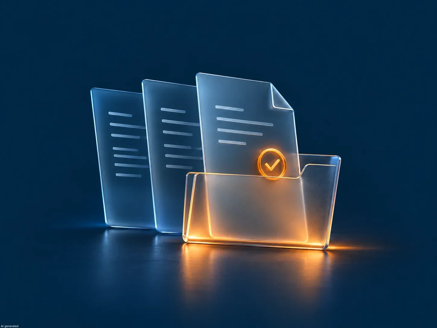 Gemeinsame Dokumentablage mit transparenten Dokumenten und orangefarbenem Haken