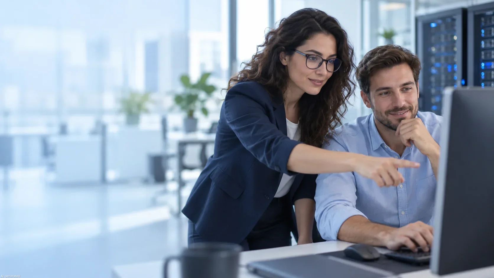 Due professionisti IT lavorano insieme davanti a uno schermo in un ufficio luminoso.