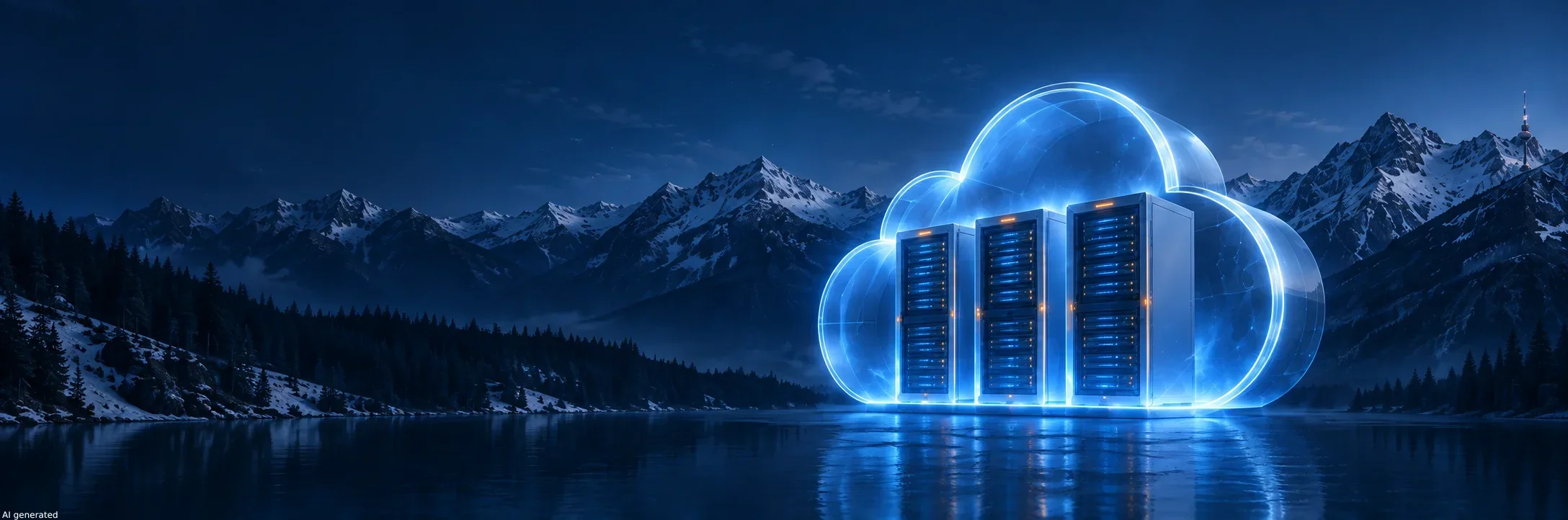Drei Cloud-Server in einer leuchtenden Glaswolke vor einer nächtlichen Berglandschaft. — AI generated