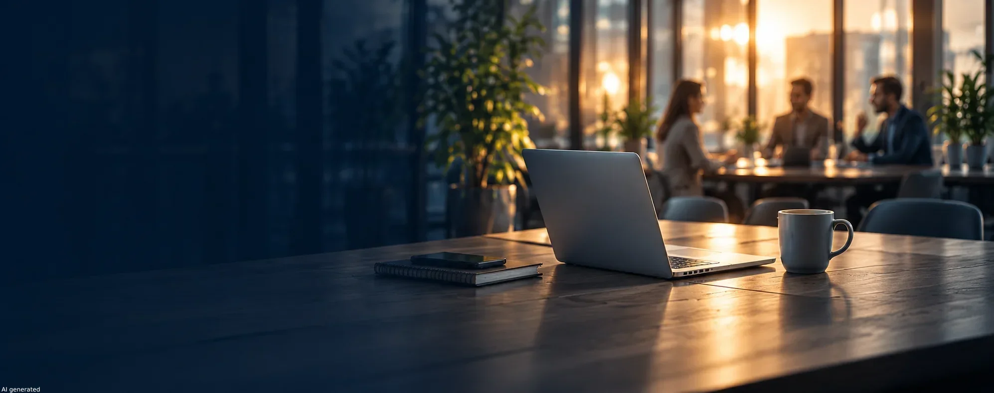 Workspace with a laptop and team in the background