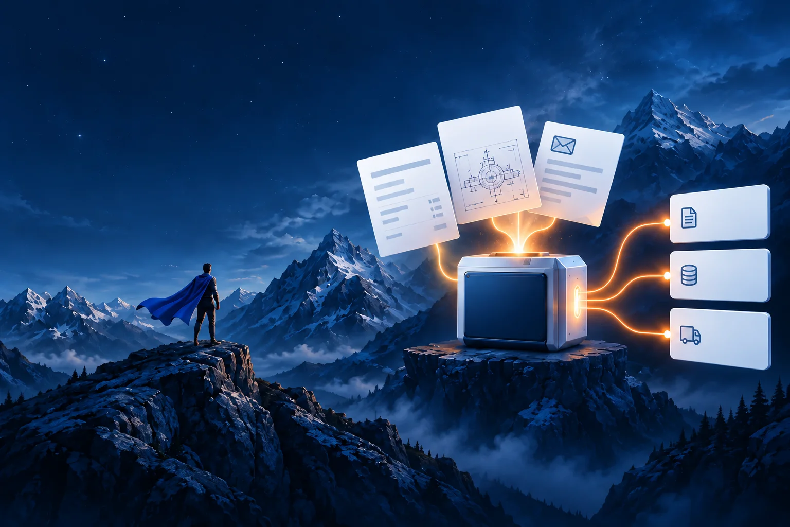 Illustration: Dokumente, Zeichnung und E-Mail werden über eine Extraktionsmaschine mit strukturierten Datensätzen verbunden.