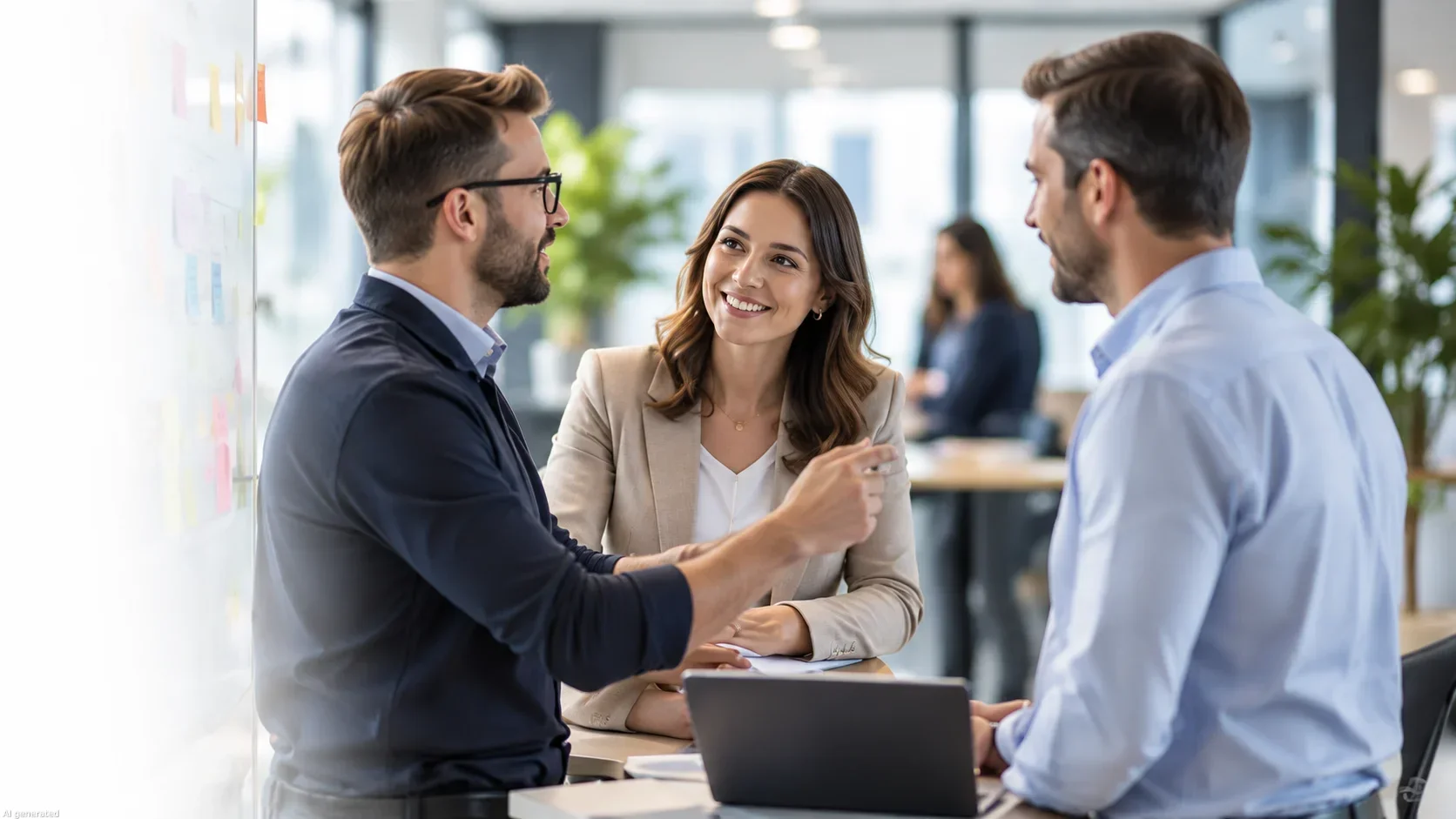 Three people discussing their requirements in an office