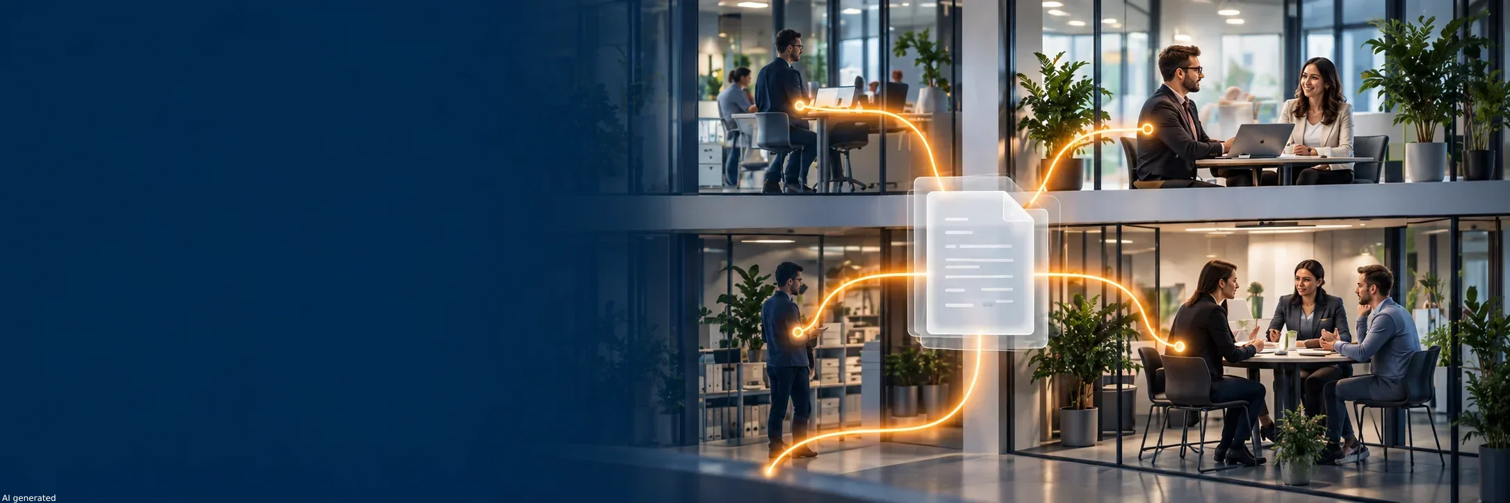 Connected workspaces sharing a document in a modern office