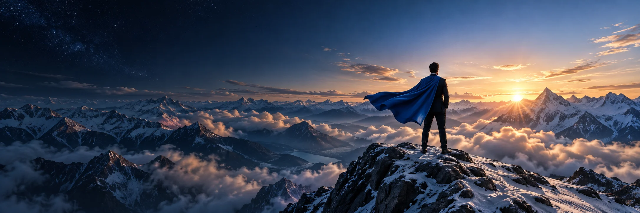 Ein Held mit blauem Umhang blickt vom Berggipfel in den Sonnenaufgang.