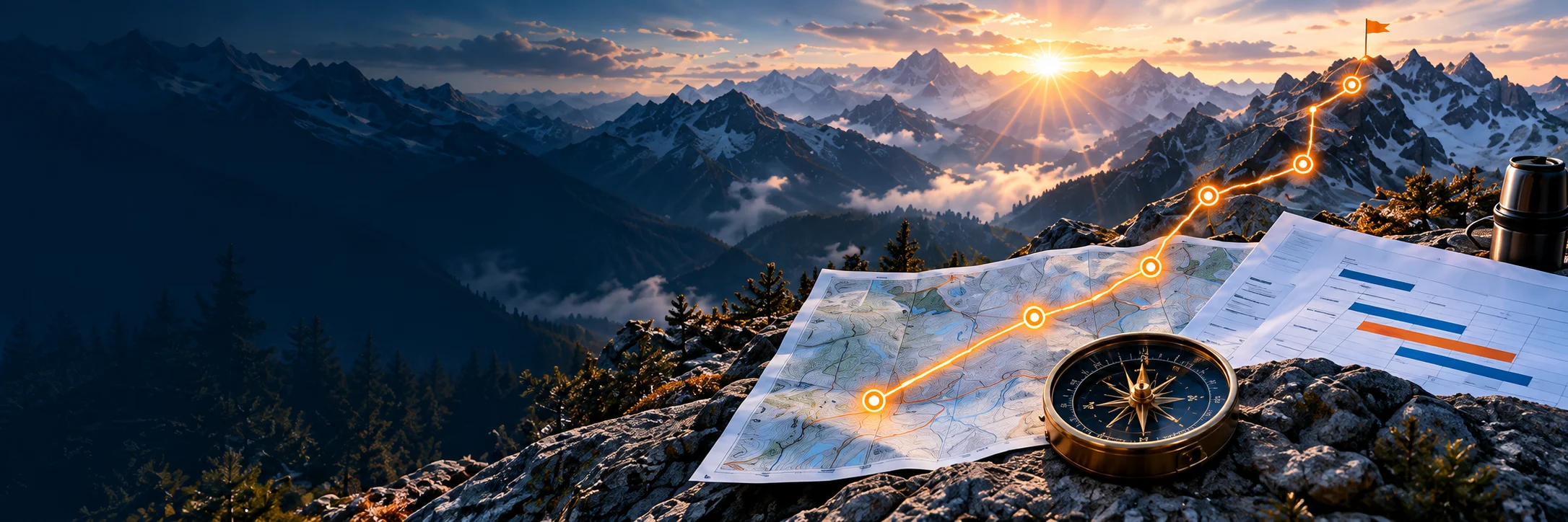 Kompass und Projektkarte vor einer Berglandschaft mit leuchtendem Weg zum Gipfel.
