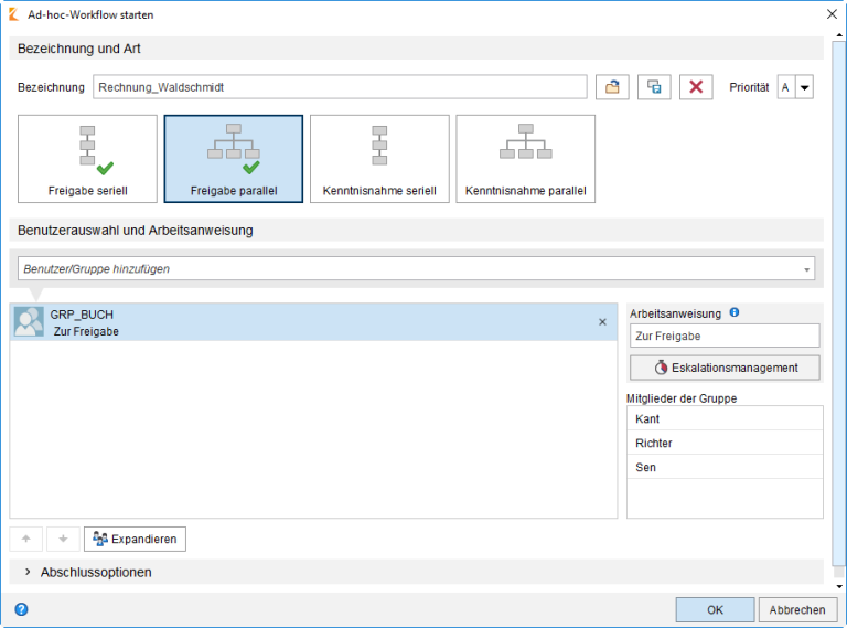 Ein Screenshot der ELO ECM Suite Anwendung, welche die Erstellung eines Ad-Hoc-Workflows zeigt.