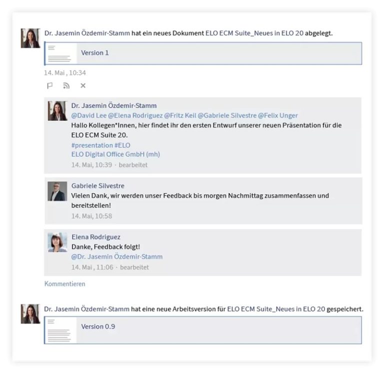 Ein Screenshot vom ELO Feed und ein Ausschnitt einer Kommunikation zwischen Mitarbeitenden.